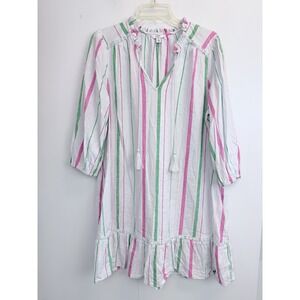 Crown & Ivy Women's Linen Shift Dress Size L Pale‎ Blue Pink Striped Ruffled